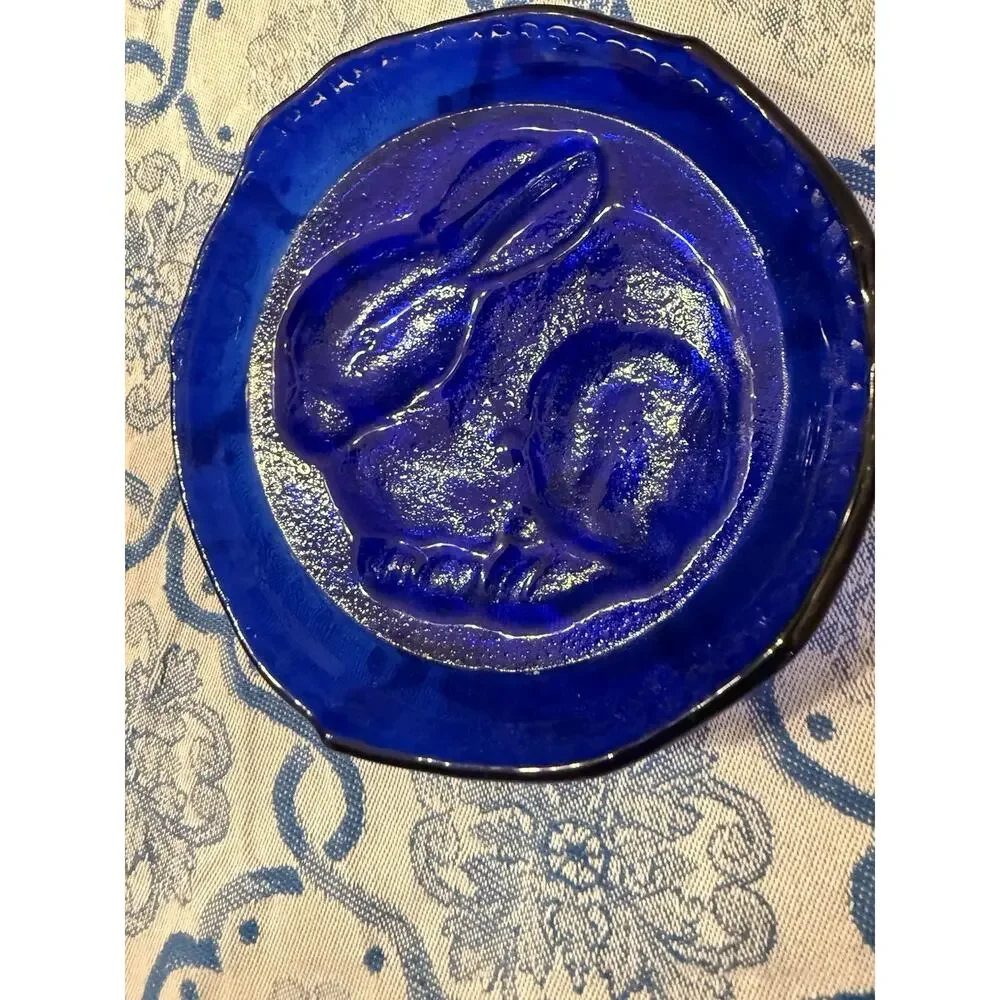 Vintage Cobalt Blue Glass Rabbit Bunny Dish Plate Pressed Glass 4.5”